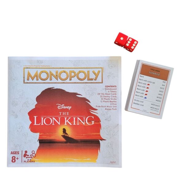 Lion King Monopoly Game Replacement Pieces Rules Deed Cards Red Dice Instruction - Picture 1 of 4